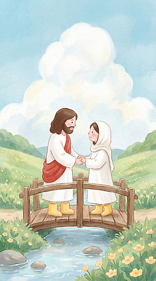 JPG 손 꽃 종교 어린이 백그라운드 일러스트 자연 하늘 동화 함께함 사랑 풍경 손잡기 만남 예수 언덕 그림 위치 교감 국내일러스트 AI일러스트 AI콘텐츠 식물 감정 컨셉 모션 사람 신체부위 신_종교 생태계 파일형식