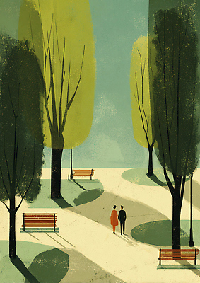 JPG 나무 공원 길 여유 벤치 일러스트 모션 자연 대화 사람 풍경 여름 소풍 걷기 고요 산책 도시 즐거움 그림 오후 국내일러스트 AI일러스트 AI콘텐츠 식물 계절 공공시설 감정 의자 휴식 말하기 야외활동 생태계 파일형식