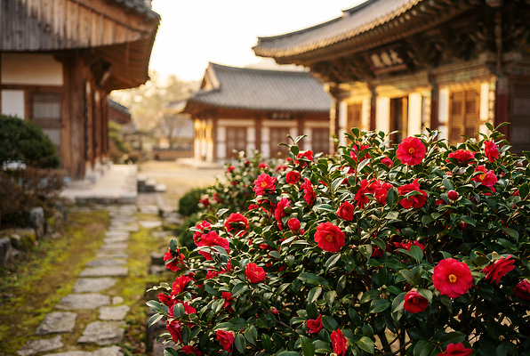 JPG 나무 편집이미지 꽃 고건축 아침 한옥 풍경 잔디 햇빛 정원 산책로 동백 돌길 편집실사 주간 식물 한국전통 건축물 길 태양 CG 파일형식