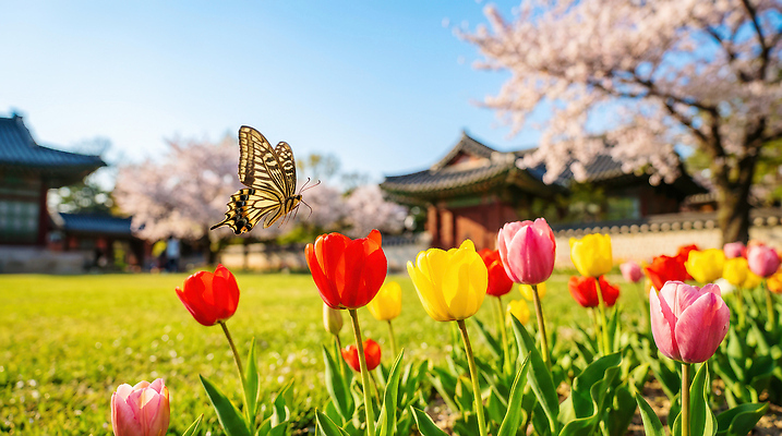 JPG 편집이미지 꽃 감정 컬러 나비 자연 생명 날씨 풍경 정원 봄 튤립 벚꽃 비행 뷰티풀 편집실사 AI포토 AI콘텐츠 식물 계절 곤충 CG 생태계 파일형식