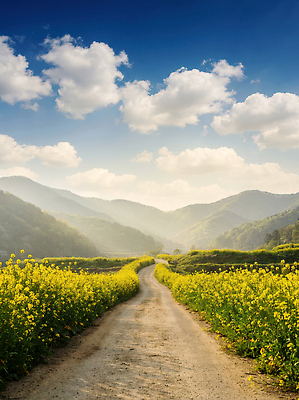 JPG 편집이미지 꽃 길 여행 자연 하늘 산 풍경 초원 여름 햇빛 농장 노란색 환경 땅 편집실사 식물 계절 컬러 농업 태양 CG 생태계 파일형식