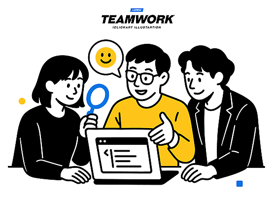 일러스트 협력 아이디어 직장 실험 대화 설명 여러명 컴퓨터 스크린 자료 작업 집중 분석 동료 발견 소통 프로젝트 국내일러스트 AI파일 다수 컨셉 회사 관계 모션 말하기 사람 전자제품 파일형식 벡터