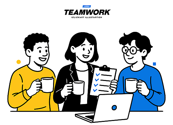 직업 커피 일러스트 회의 협력 아이디어 직장 대화 여러명 노트북 사무실 작업 도움 계획 열정 공유 소통 지원 체크리스트 국내일러스트 AI파일 감정 음료 다수 컨셉 회사 비즈니스 말하기 사람 전자제품 파일형식 벡터