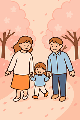 나무 공원 꽃잎 꽃 행복 길 어린이 일러스트 가족 자연 풍경 부모 걷기 봄 벚꽃 시간 분위기 즐거움 만개 국내일러스트 AI파일 식물 계절 공공시설 감정 컨셉 관계 모션 사람 생태계 파일형식 벡터