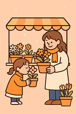 식물 꽃 행복 화분 어린이 컬러 일러스트 가족 자연 엄마 대화 웃음 취미 일상 상점 봄 구매 꽃집 원예 플로리스트 국내일러스트 AI파일 직업 계절 감정 관계 표정 말하기 사람 라이프 쇼핑 생태계 파일형식 벡터