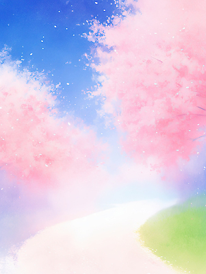 JPG 나무 꽃잎 길 분홍색 컬러 일러스트 자연 하늘 풍경 파란색 소풍 정원 봄 벚꽃 시골 조화 풍경화 국내일러스트 AI일러스트 AI콘텐츠 식물 계절 꽃 야외활동 그림 생태계 파일형식