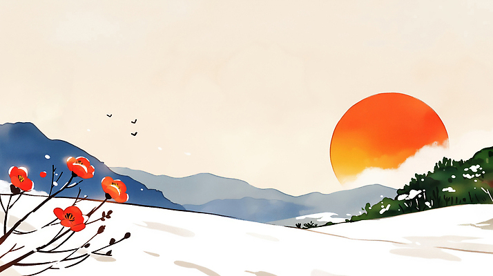 JPG 식물 꽃 컬러 겨울 일러스트 자연 조류 하늘 날씨 새해 산 풍경 설날 햇빛 태양 일출 높이 그림 멀리 조화 뷰티풀 국내일러스트 AI일러스트 AI콘텐츠 자연요소 동물 계절 명절 노을 생태계 파일형식