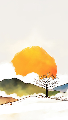 JPG 나무 겨울 일러스트 자연 하늘 새해 산 바닥 따뜻함 풍경 초록색 설날 태양 갈색 일출 공간 흰색 시간 차가움 묘사 그림 국내일러스트 AI일러스트 AI콘텐츠 자연요소 식물 계절 명절 컬러 노을 생태계 파일형식