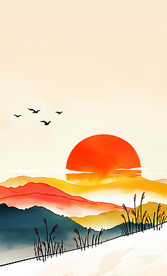 JPG 컬러 겨울 일러스트 자연 조류 하늘 새해 산 풍경 초원 빨간색 설날 태양 평화 일출 일몰 그림 조화 풍경화 수평선 국내일러스트 AI일러스트 AI콘텐츠 자연요소 동물 계절 명절 컨셉 노을 생태계 파일형식