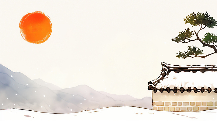 JPG 나무 전통 계절 명절 건축 겨울 일러스트 자연 하늘 아침 새해 산 한옥 한국 눈꽃 기와 풍경 설날 태양 일출 고요 농촌 차가움 조경 국내일러스트 AI일러스트 AI콘텐츠 주간 자연요소 식물 한국전통 기념일 아시아 고건축 눈_날씨 노을 시골 생태계 파일형식