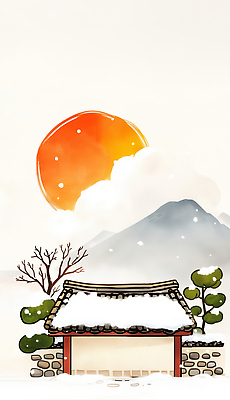 JPG 나무 전통 명절 겨울 일러스트 자연 하늘 아침 새해 산 한국 눈꽃 기와 풍경 건물 설날 태양 평화 일출 농촌 조경 수목 국내일러스트 AI일러스트 AI콘텐츠 주간 자연요소 식물 건축물 계절 기념일 아시아 컨셉 눈_날씨 노을 시골 생태계 파일형식