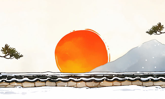 JPG 나무 전통 명절 호수 겨울 일러스트 자연 하늘 지붕 바람 새해 산 기와 풍경 초록색 설날 태양 일출 일몰 시간 지역 온도 기온 수평선 국내일러스트 AI일러스트 AI콘텐츠 자연요소 식물 계절 기념일 컬러 날씨 노을 생태계 파일형식
