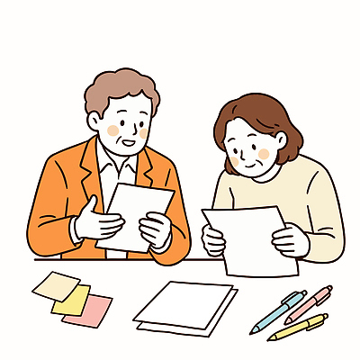 부부 노년 종이 컬러 상의 일러스트 모션 회의 협력 아이디어 이야기 앉기 두명 노후 사무실 필기구 노부부 메모지 작업 계획 스케치 책상 문서 정리 국내일러스트 AI파일 커플 옷 가구 컨셉 비즈니스 문구용품 미술 사람 성인 사무용품 파일형식 벡터