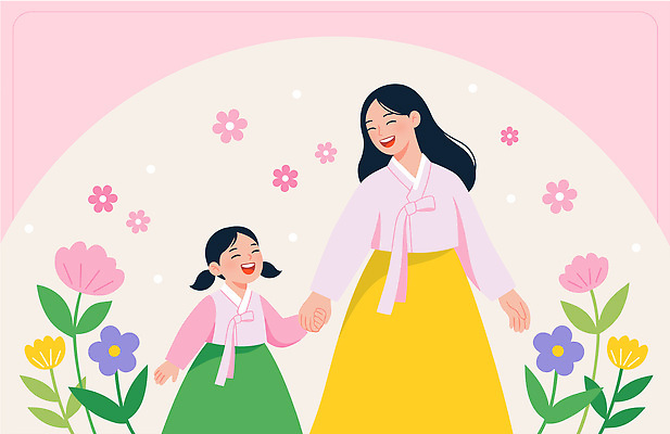 여자 꽃 행복 감정 어린이 백그라운드 꽃밭 일러스트 모녀 한국 함께함 사랑 웃음 걷기 손잡기 봄 전통의상 한복 즐거움 소통 국내일러스트 AI파일 식물 한국전통 전통 계절 딸 아시아 컨셉 가족 모션 엄마 표정 사람 파일형식 벡터