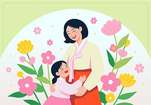 전통 여자 꽃 딸 행복 어린이 일러스트 가족 자연 모녀 엄마 따뜻함 사랑 웃음 풍경 장식 정원 봄 기쁨 만남 한복 국내일러스트 AI파일 식물 한국전통 계절 감정 컨셉 관계 표정 사람 전통의상 생태계 파일형식 벡터