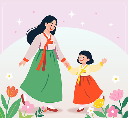 전통 여자 명절 딸 행복 문화 어린이 컬러 꽃밭 일러스트 가족 모션 자연 모녀 엄마 한국 사랑 웃음 소녀 소풍 손잡기 봄 한복 국내일러스트 AI파일 한국전통 계절 기념일 꽃 감정 아시아 관계 표정 사람 야외활동 전통의상 생태계 파일형식 벡터