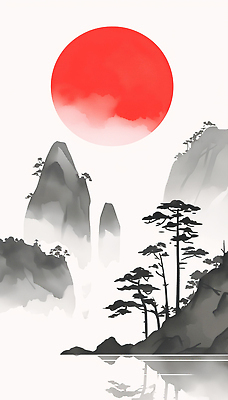 JPG 모양 나무 컬러 백그라운드 일러스트 자연 아침 산 수묵화 풍경 태양 일출 안개 오브젝트 구성 뷰티풀 국내일러스트 AI일러스트 AI콘텐츠 주간 자연요소 식물 날씨 미술 노을 생태계 파일형식