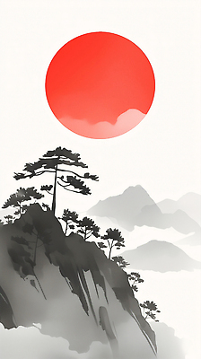 JPG 나무 실루엣 예술 일러스트 자연 하늘 산 수묵화 풍경 초록색 태양 일출 일몰 대기 그림 화산 조화 흐림 풍경화 산맥 국내일러스트 AI일러스트 AI콘텐츠 자연요소 식물 컬러 날씨 촬영기법 미술 노을 생태계 파일형식