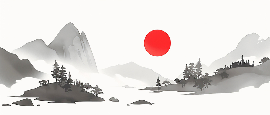 JPG 모양 나무 식물 백그라운드 일러스트 자연 산 그림자 수묵화 풍경 물 강 태양 일출 암석 수면 숲 그림 수로 국내일러스트 AI일러스트 AI콘텐츠 자연요소 미술 노을 돌_바위 생태계 파일형식