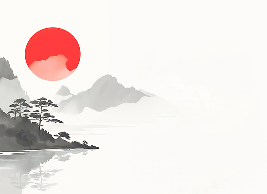 JPG 나무 일러스트 자연 하늘 아침 산 회화 수묵화 미소 풍경 빨간색 물 태양 일본 고요 일몰 수면 저녁 숲 그림 국내일러스트 AI일러스트 AI콘텐츠 주간 자연요소 식물 아시아 컬러 표정 말하기 미술 노을 야간 생태계 파일형식