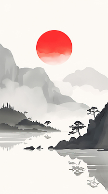 JPG 나무 호수 컬러 일러스트 자연 하늘 산 수묵화 풍경 태양 반사 일몰 안개 수면 그림 조용 조화 국내일러스트 AI일러스트 AI콘텐츠 자연요소 식물 날씨 미술 물 노을 생태계 파일형식