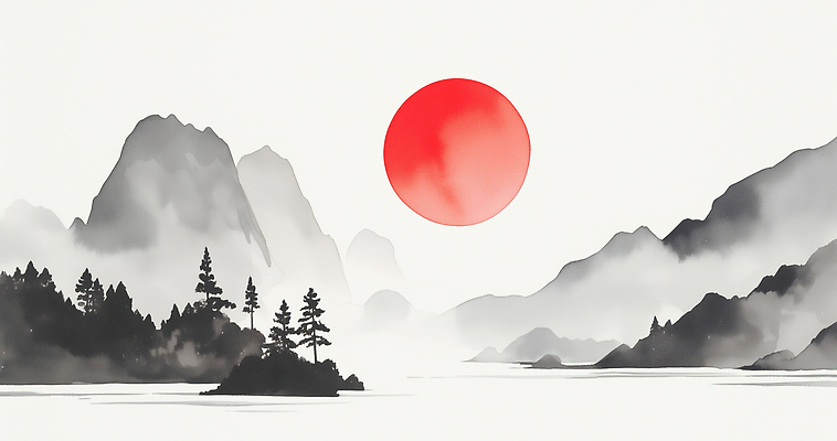 JPG 나무 컬러 섬 일러스트 자연 하늘 산 수묵화 풍경 태양 일출 새벽 신선 물가 수면 그림 조경 수목 국내일러스트 AI일러스트 AI콘텐츠 자연요소 식물 미술 물 노을 생태계 파일형식