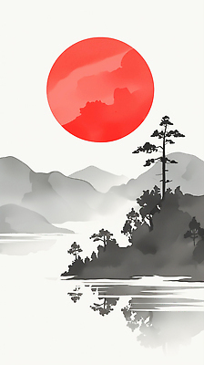 JPG 나무 실루엣 예술 컬러 섬 여행 일러스트 자연 하늘 산 수묵화 풍경 여름 강 태양 반사 고요 일몰 수면 명화 풍경화 국내일러스트 AI일러스트 AI콘텐츠 자연요소 식물 계절 촬영기법 미술 물 노을 그림 생태계 파일형식