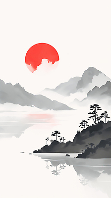 JPG 나무 호수 예술 컬러 여행 일러스트 자연 하늘 아침 산 수묵화 풍경 물 태양 평화 일출 시원함 언덕 그림 조용 국내일러스트 AI일러스트 AI콘텐츠 주간 자연요소 식물 컨셉 미술 노을 생태계 파일형식