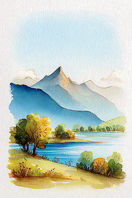 JPG 나무 호수 컬러 일러스트 자연 하늘 수채화 산 풍경 초원 물 여름 파란색 일출 소리 일몰 금색 그림 국내일러스트 AI일러스트 AI콘텐츠 자연요소 식물 계절 노을 생태계 파일형식