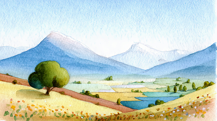 JPG 나무 꽃 일러스트 자연 하늘 수채화 산 풍경 초원 여름 방목 과수원 땅 언덕 지역 산맥 국내일러스트 AI일러스트 AI콘텐츠 식물 계절 농업 축산업 생태계 파일형식