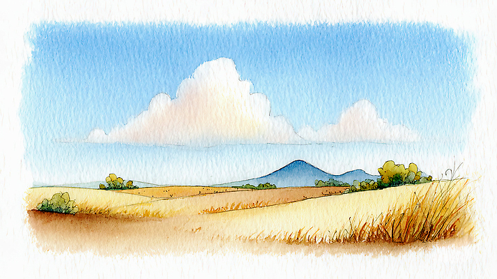 JPG 나무 식물 일러스트 자연 하늘 수채화 풍경 초원 여름 햇빛 맑음 공간 언덕 그림 질감 심플 색감 평평한 국내일러스트 AI일러스트 AI콘텐츠 계절 컨셉 날씨 태양 생태계 파일형식