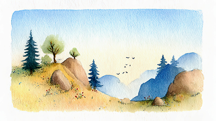 JPG 나무 동물 예술 일러스트 자연 조류 하늘 수채화 산 풍경 초원 숲 땅 언덕 그림 생태계 국내일러스트 AI일러스트 AI콘텐츠 식물 파일형식