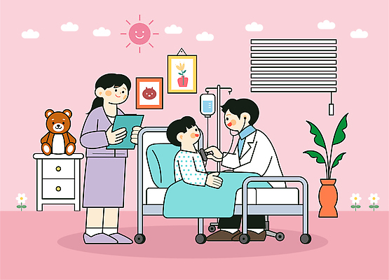 옷 의학 의료기기 병원 사람 환자 의료진 파일형식 벡터 진료 의사 어린이 보호자 치료 간호 의사소통 건강 병상 청진기 간호사 소아과 환자복 일러스트 국내일러스트 AI파일