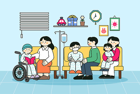 의학 관계 병원 말하기 사람 공간 의료진 건반악기 파일형식 벡터 대기실 가족 어린이 휠체어 책 대화 응원 치료 환자 피아노 친구 놀이 보호자 입원 간호사 의사소통 일러스트 국내일러스트 AI파일 소아과