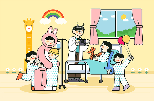 직업 감정 컨셉 의학 병원 사람 의료진 파일형식 벡터 어린이 의사 간호사 치료 간호 장난감 풍선 상담 병실 환자 놀이 모션 기쁨 도움 일러스트 국내일러스트 AI파일 소아과