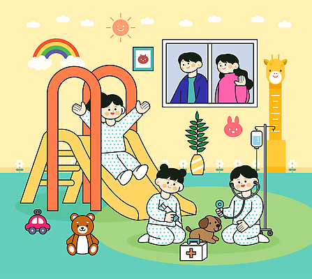 식물 포유류 의학 관계 표정 병원 사람 장난감 의료진 놀이기구 파일형식 벡터 어린이 놀이방 간호사 아기 개 미끄럼틀 친구 치료 놀이 장난감자동차 선인장 방 웃음 시계 창문 일러스트 국내일러스트 AI파일 환자 소아과