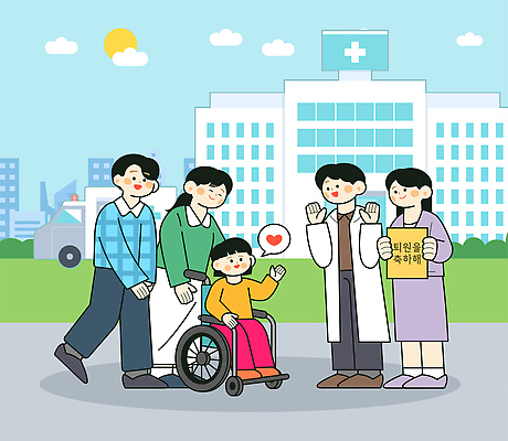 감정 컨셉 의학 가족 관계 표정 병원 말하기 사람 라이프 의료진 국민 파일형식 벡터 어린이 휠체어 부모 의사 간호사 소통 건강 치료 환자 사랑 지원 응원 대화 웃음 공간 시민 일상 일러스트 국내일러스트 AI파일 소아과