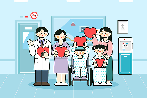 감정 다수 컨셉 의학 병원 사람 의료진 파일형식 벡터 의사 간호사 환자 휠체어 마음 사랑 치료 건강 여러명 지원 협력 친절 배려 회복 일러스트 국내일러스트 AI파일 소아과 어린이