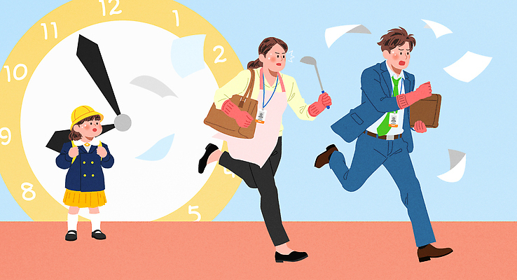 컨셉 가족 모션 사람 작업 파일형식 벡터 어린이 성인 문서 시간 시계 달리기 종이 여자 남자 약속 마감 바쁨 업무 중요성 재촉 장면 일러스트 국내일러스트 AI파일 자녀 부모 육아