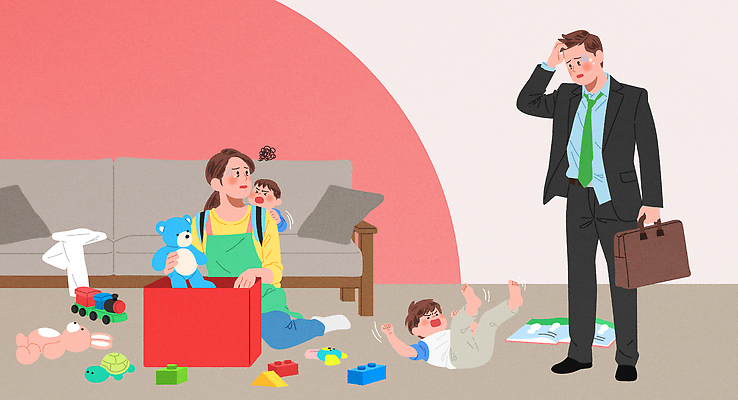 산업 컨셉 가족 관계 사람 건물 파일형식 벡터 부모 어린이 장난감 주택 정리 바닥 아빠 엄마 작업장 놀이 시간 생활 남자 여자 스트레스 휴식 책임감 일러스트 국내일러스트 AI파일 자녀 육아