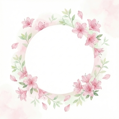 도형 식물 계절 꽃 컬러 생태계 파일형식 AI콘텐츠 디자인 분홍색 잎 장식 봄 유행 테마 자연 뷰티풀 백그라운드 원형 조화 생명 JPG 일러스트 국내일러스트 프레임 진달래 수채화 AI일러스트