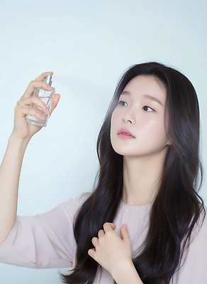 헤어스타일 모션 사람 신체부위 뷰티 화장품 CG 파일형식 AI포토 여자 향수 뿌리기 긴머리 뷰티풀 화장 패션 스타일 상품 손 얼굴 편집이미지 편집실사 JPG 의료성형뷰티 AI콘텐츠 AI인물포토