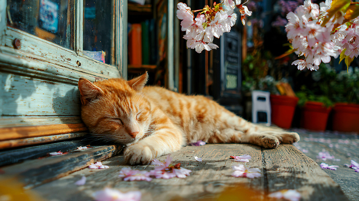 식물 꽃 컨셉 포유류 바닥 반려동물 태양 잠 CG 생태계 파일형식 AI콘텐츠 고양이 벚꽃 낮잠 나무바닥 잎 책 상점 자유 자연 귀여움 햇빛 편집이미지 편집실사 JPG AI포토