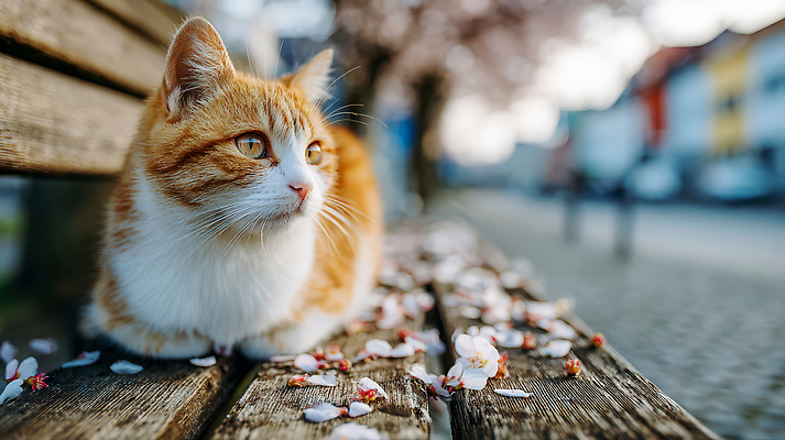 식물 동물 계절 꽃 컨셉 의자 포유류 거리 풍경 반려동물 감각 CG 생태계 파일형식 AI콘텐츠 고양이 벤치 꽃잎 나무 봄 따뜻함 자연 편안함 휴식 야외 거리풍경 편집이미지 편집실사 JPG AI포토