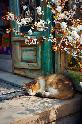 나무 식물 꽃 컨셉 포유류 건물 반려동물 고양이 잠 CG 생태계 파일형식 AI콘텐츠 낮잠 바닥 동물 자연 휴식 주택 야외 길고양이 꽃나무 편집이미지 편집실사 JPG AI포토