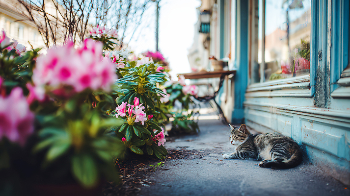 식물 감정 컨셉 포유류 거리 풍경 반려동물 태양 감각 CG 생태계 파일형식 AI콘텐츠 고양이 꽃 길 화사함 뷰티풀 자연 햇빛 여유 바닥 동물 편안함 거리풍경 편집이미지 편집실사 JPG AI포토