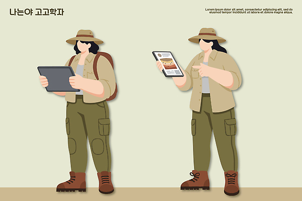 직업 옷 공공시설 교육 사람 전자제품 핸드폰 스마트기기 파일형식 벡터 고고학 태블릿 스마트폰 자료 정보 실험 확인 기술 모션 남자 캐주얼 야외 탐험 검사_조사 공원 환경 연구원 AI파일 일러스트 국내일러스트 고고학자