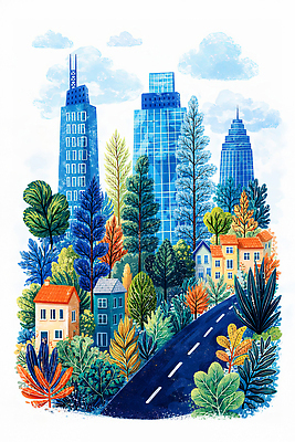 식물 건축물 공공시설 길 컬러 교통시설 거리 풍경 건물 생태계 파일형식 AI콘텐츠 도시 나무 빌딩 주택 도로 자연 파란색 초록색 공원 거리풍경 화단 JPG 일러스트 국내일러스트 AI일러스트