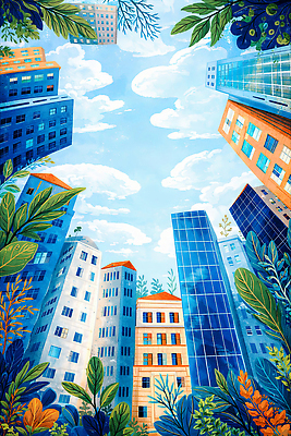 자연요소 건축물 건축 컬러 풍경 라이프 도시 생태계 파일형식 AI콘텐츠 건물 하늘 식물 자연 청명 주간 그림 도시풍경 디자인 파란색 초록색 일상 조경 예술 그래픽 구조물 JPG 일러스트 국내일러스트 AI일러스트