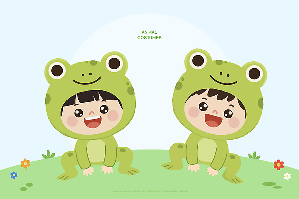 도형 식물 옷 감정 관계 표정 양서류 사람 파일형식 벡터 어린이 개구리 웃음 잔디 하늘 꽃 아기 놀이 캐릭터 즐거움 친구 착용 동물 원형 AI파일 일러스트 국내일러스트 동물옷